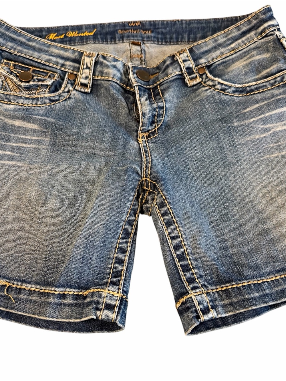 Wanted Blue Denim with Yellow Script and Contrast Stitching